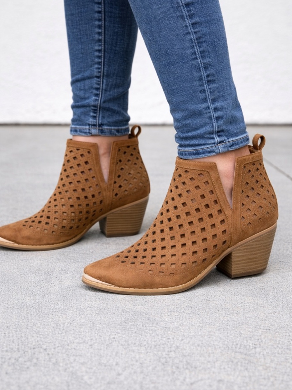 A. Rider Girl Suede Perforated Ankle Booties - Tan/Copper/Gold